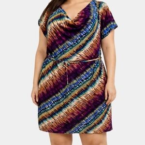 Olivia Matthew's Short Sleeve Multi-Colored Drape Neck Belted Midi Dress Sz 2XP